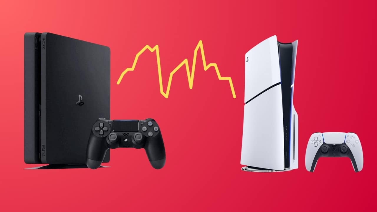 PS5 vs PS4 console with a flat lined sales curve in the middle illustrating stalled growth