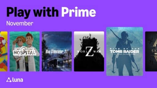 Four game covers for Amazon Luna free games included with Prime November 2025: Two Point Hospital, Bus Simulator 21, World War Z, and Tomb Raider.