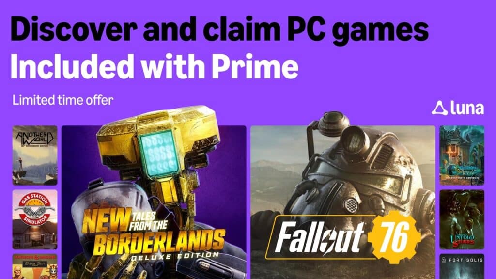 Purple banner: "Discover and claim PC games Included with Prime." Game covers for Tales from the Borderlands, Fallout 76. Plus, check out Amazon Luna free games included with Prime November 2025.