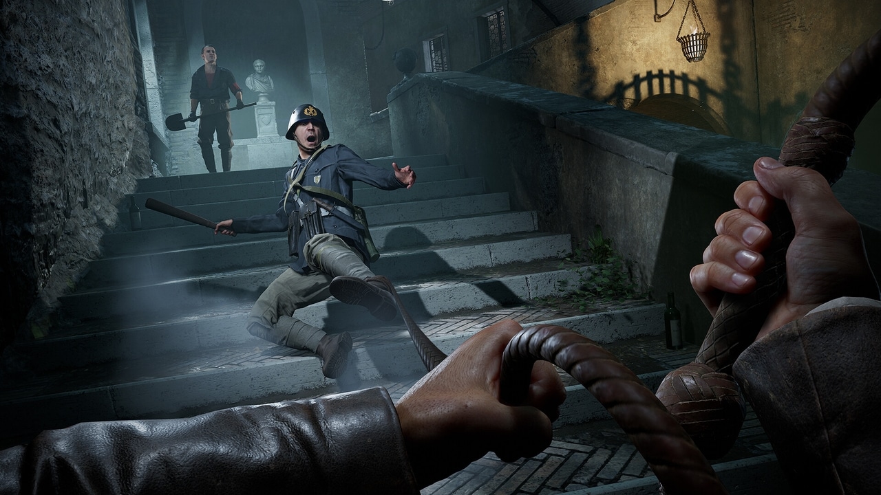 A man falls on stone stairs as Indiana Jones approaches in Indiana Jones and the Great Circle —as dramatic as discovering Amazon Luna free games included with Prime in November 2025.