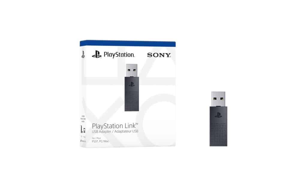 Sony PlayStation Link USB Adapter shown next to its packaging with PlayStation and Sony branding—one of the best PlayStation Portal accessories for seamless wireless audio connectivity.