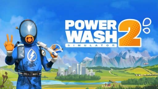Power Wash Simulator 2 game banner. A person in a blue suit holds a power washer next to the "PowerWash Simulator 2" game logo, showcasing one of the best PS5 games to play with cloud gaming on PlayStation Portal.
