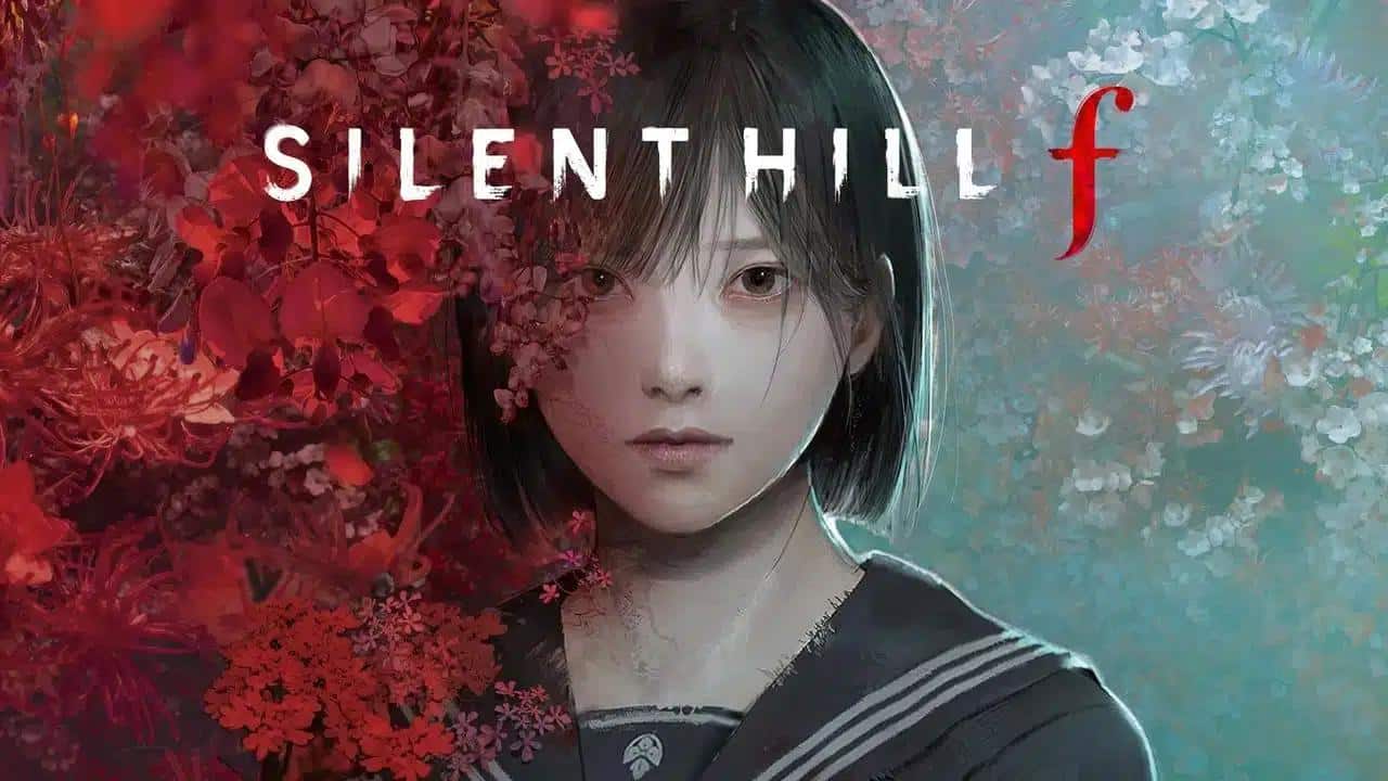 An anime-style girl in a school uniform, surrounded by red flowers, with SILENT HILL f text above her.