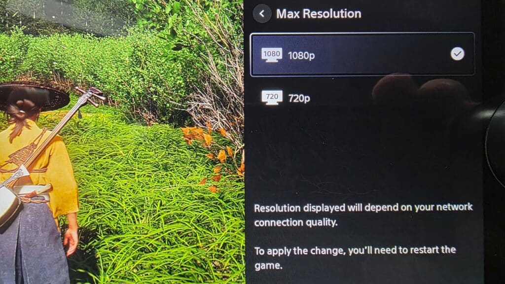 A screen shows video quality options—1080p selected, 720p unselected—alongside PlayStation Portal cloud gaming tips and game restart instructions below.