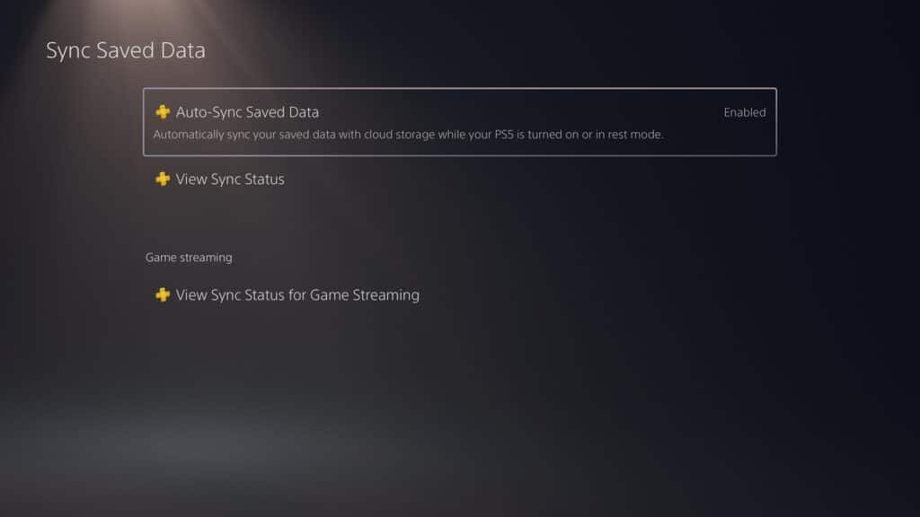 PlayStation 5 screen showing Sync Saved Data options, with Auto-Sync Saved Data enabled—a helpful feature for those seeking PlayStation Portal cloud gaming tips.