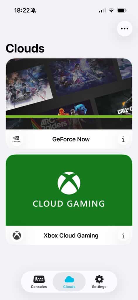 Mobile screen showing GeForce Now and Xbox Cloud Gaming options under a "Clouds" tab, alongside Portal Remote Play for iOS.