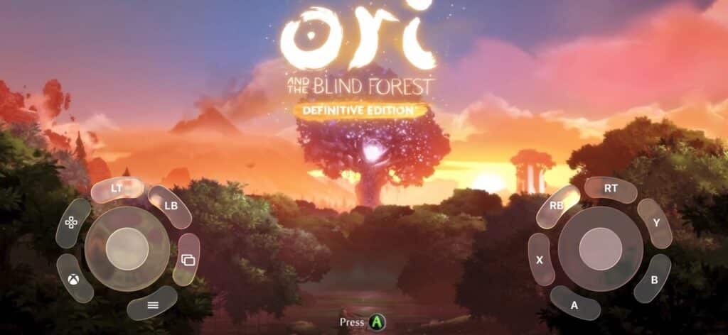 “Ori and the Blind Forest: Definitive Edition” title screen with controller button overlay and forest background, ready for Portal Remote Play on iOS.