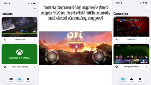 Four gaming apps shown on iOS screens, with a headline highlighting Portal Remote Play expanding to Vision Pro and the cloud.