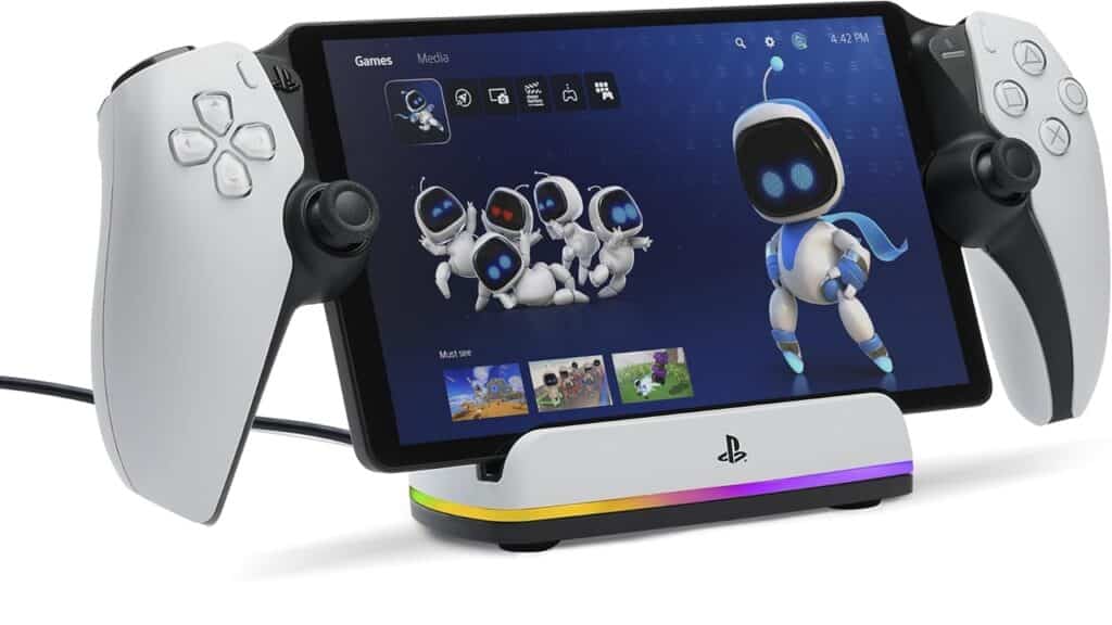 PlayStation Portal handheld device with controller grips—one of the best PlayStation Portal accessories—showing a game of Astro Bot on the screen.