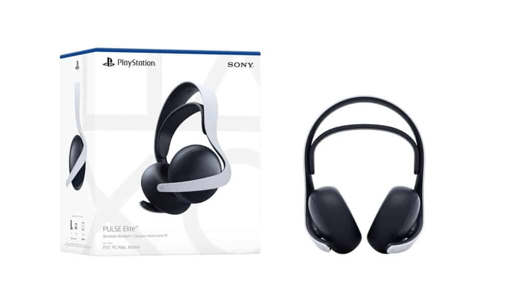 Sony PlayStation Pulse Elite wireless headset, one of the best PlayStation Portal accessories, sits next to its retail packaging, both in sleek black and silver.