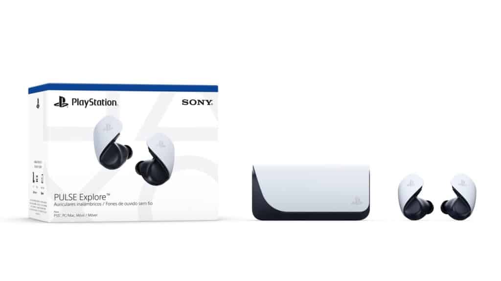 Sony PlayStation Pulse Explore wireless earbuds with charging case and product box on a white background—perfect for immersive audio while discovering PlayStation Portal cloud gaming tips.