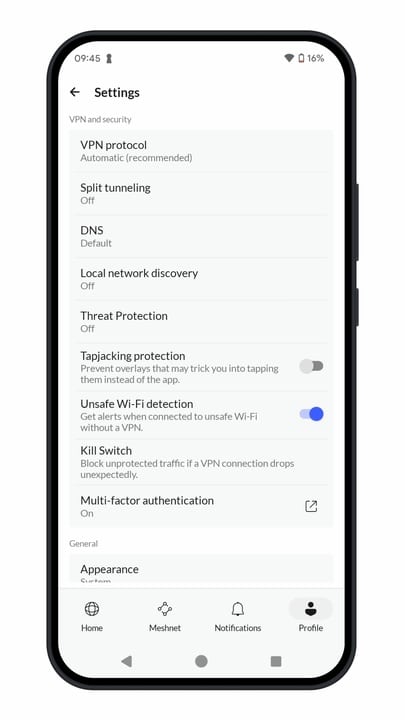 NordVPN settings menu showing security features like Threat Protection, Kill Switch, and Wi-Fi detection.