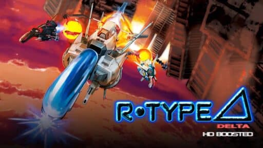 Futuristic spaceships firing weapons beneath a dramatic sky, featuring the R-Type Delta: HD Boosted logo for an electrifying sci-fi atmosphere.