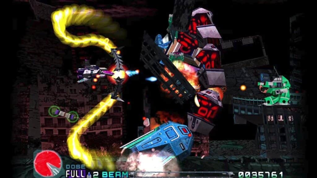 A Futuristic spaceship from R-Type Delta: HD Boosted battles a large robotic enemy, firing yellow energy beams amid the ruins of a dark cityscape.