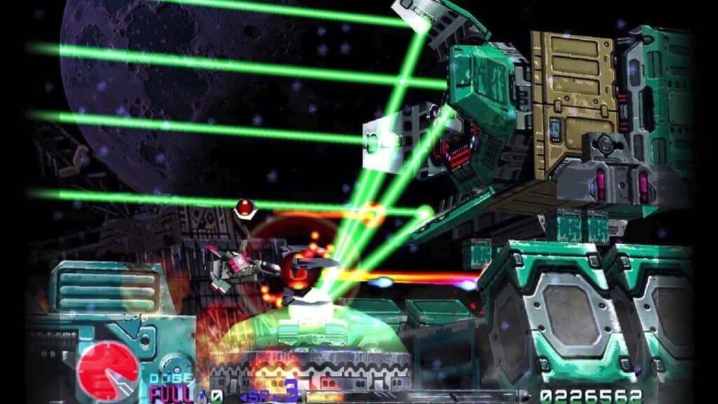 A spaceship from R-Type Delta: HD Boosted fires green lasers at a massive mechanical enemy, set against a stunning planetary background.