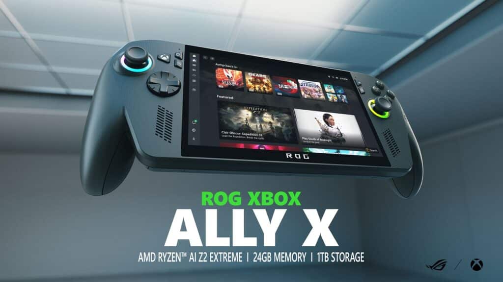Handheld gaming console ROG XBOX ALLY X floating in a room, screen displaying game library interface with Xbox cloud and handheld gaming features.