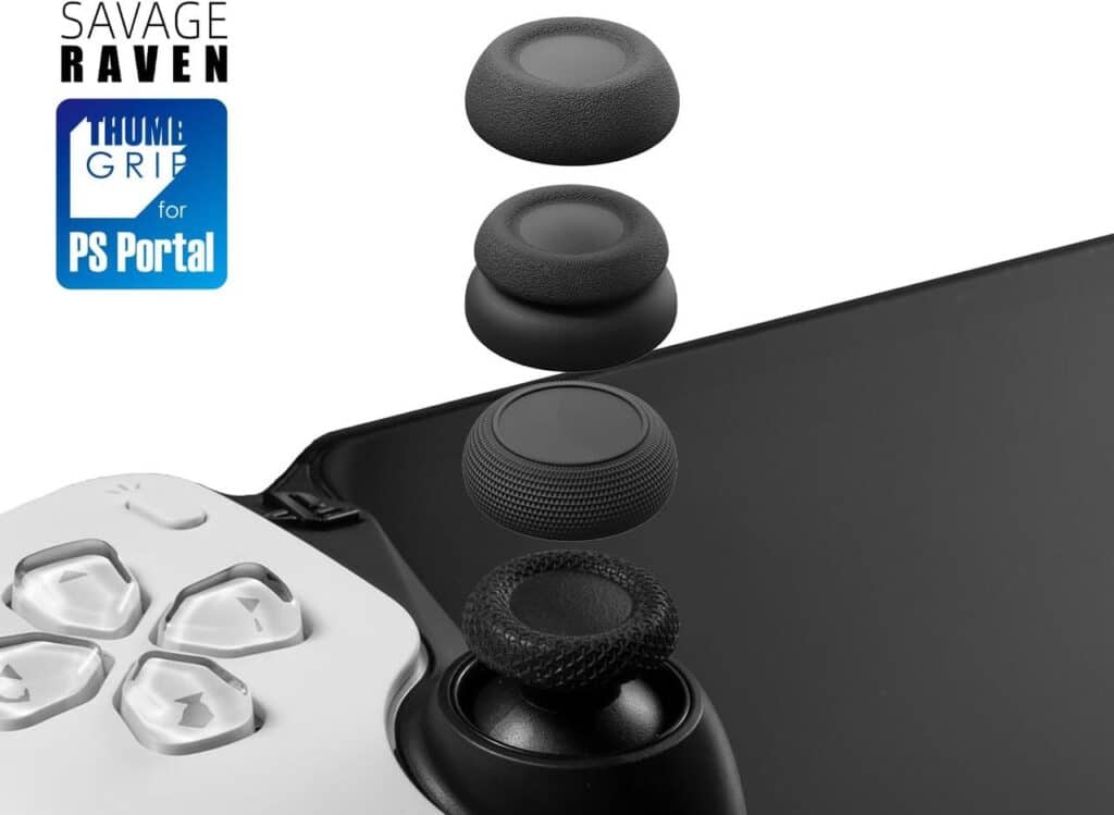 Close-up of a PS Portal controller with three black thumb grips—one of the best PlayStation Portal accessories—floating above an analog stick.
