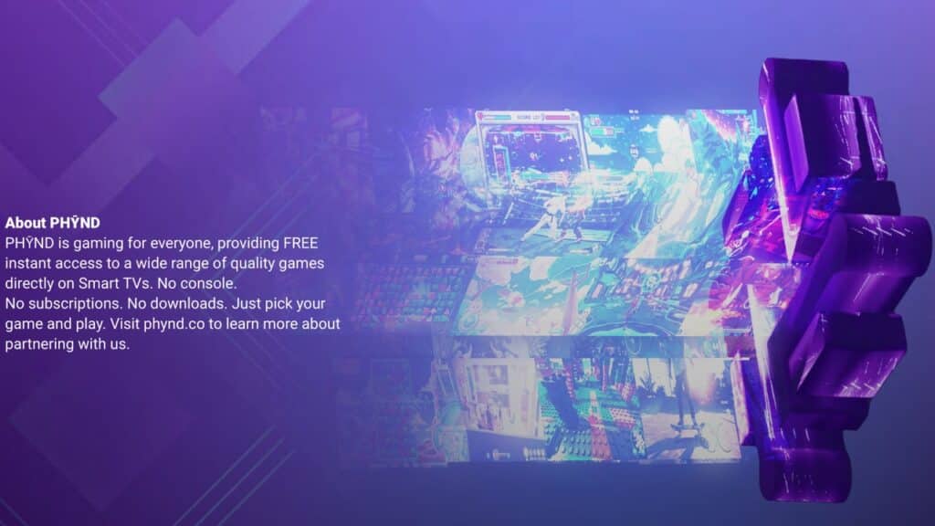 Purple 3D logo beside text about PHÝND, set against a colorful collage of video game screens that highlights the future of Smart TV cloud gaming.