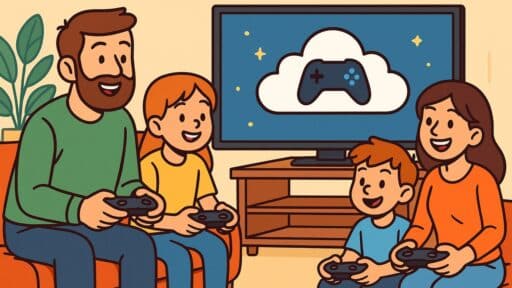A family of four sits on a couch, smiling and playing video games together on a Smart TV, enjoying the future of cloud gaming in their living room.