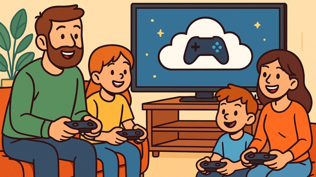 A family of four sits on a couch, smiling and playing video games together on a Smart TV, enjoying the future of cloud gaming in their living room.