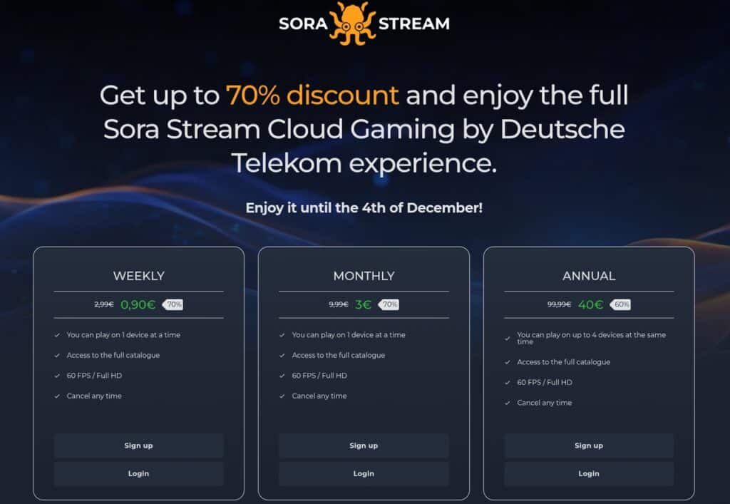 Sora Stream Black Friday cloud gaming deals: get up to 70% off weekly, monthly, and annual plans by Deutsche Telekom.