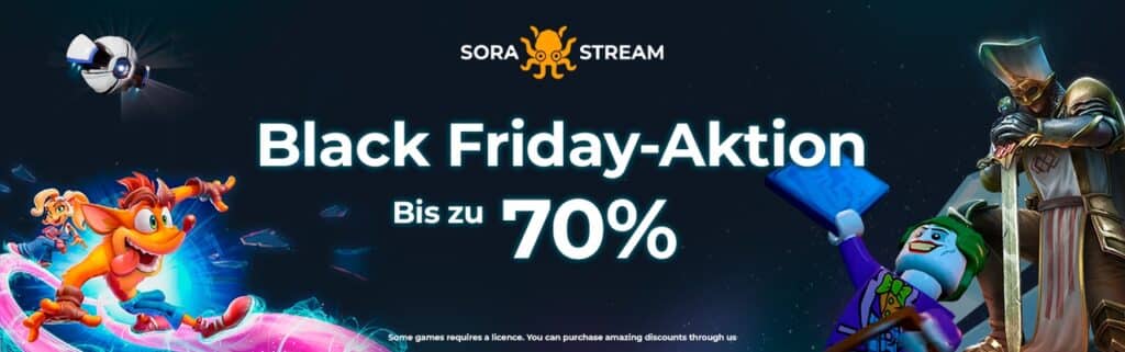 Banner for Sora Stream Black Friday cloud gaming deals, with up to 70% off, featuring various game characters and vibrant effects.