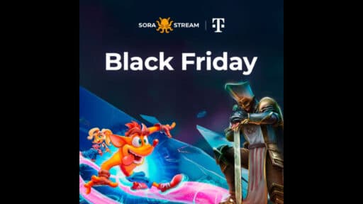Black Friday gaming promo featuring Crash Bandicoot, armored knight, Sora Stream Cloud Gaming Black Friday cloud gaming deals, and Deutsche Telekom and Magenta Telekom on a dark background.