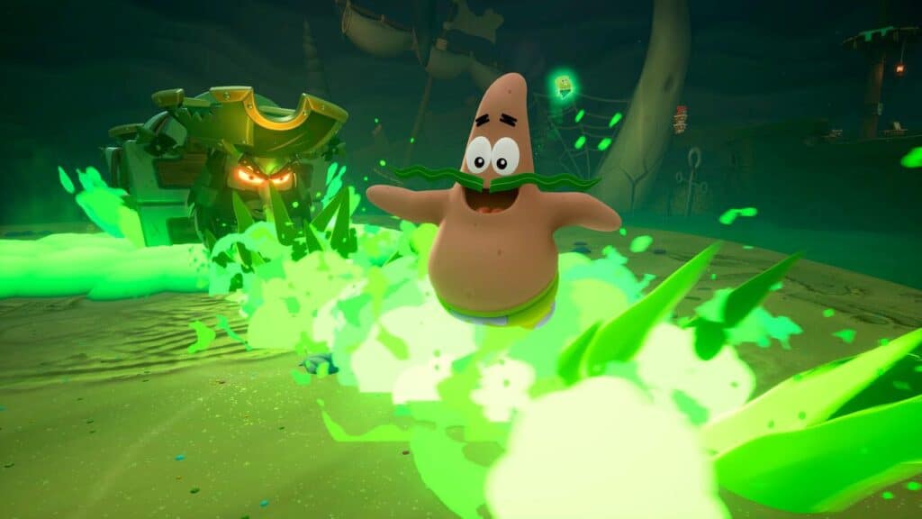Patrick leaps joyfully amid green flames, with a glowing treasure chest in the background—a scene straight out of SpongeBob SquarePants: Titans of the Tide.
