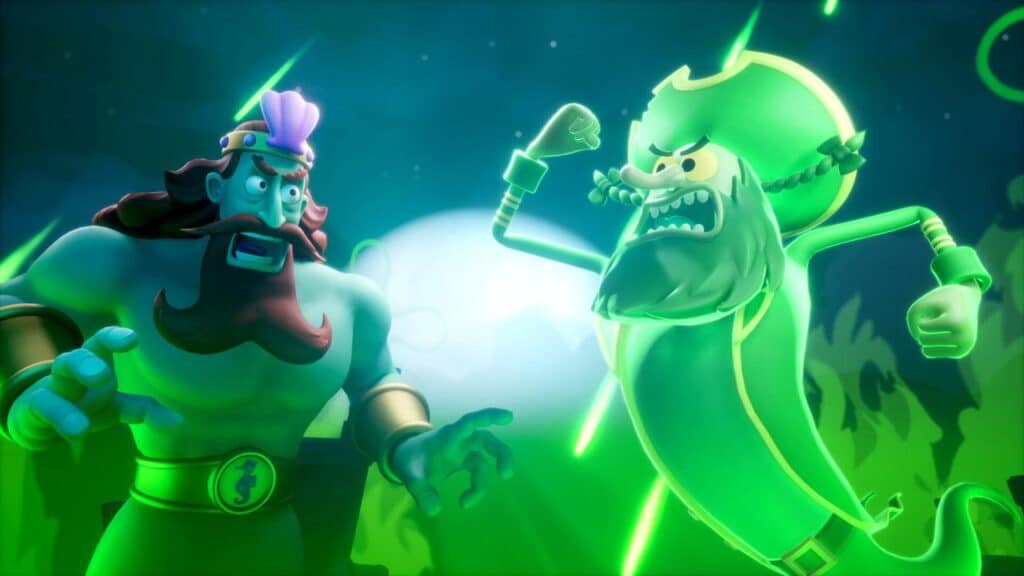 A cartoon warrior faces a glowing green ghost pirate against a bright moonlit night, from the video game SpongeBob SquarePants: Titans of the Tide.