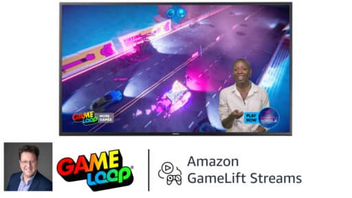 David Preisman stands beside a screen showing a neon racing game, with GameLoop and Amazon GameLift Streams logos below.
