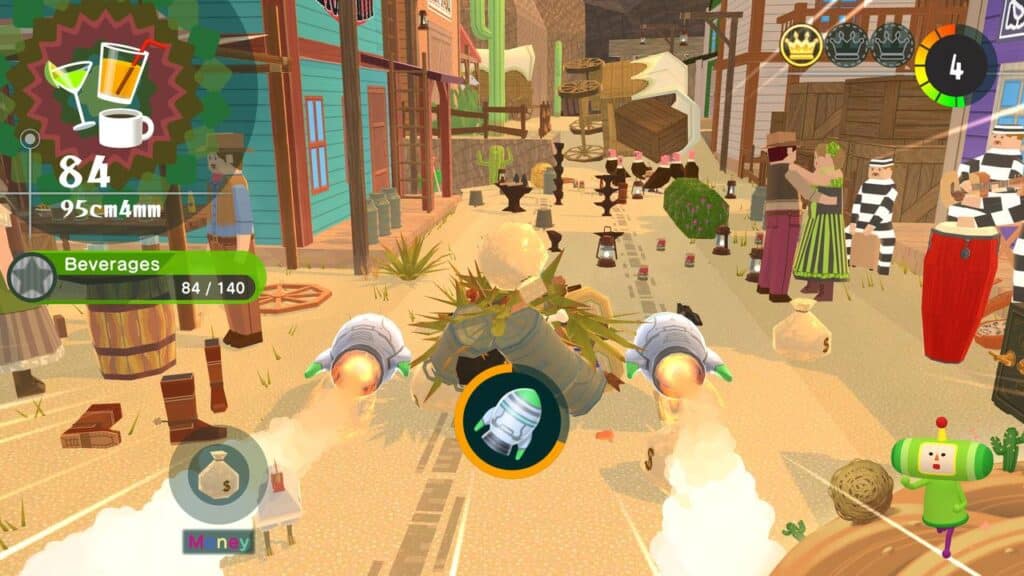 In a scene from Once Upon A KATAMARI, a flying object collects items along a busy, colorful street filled with lively people and playful animals.