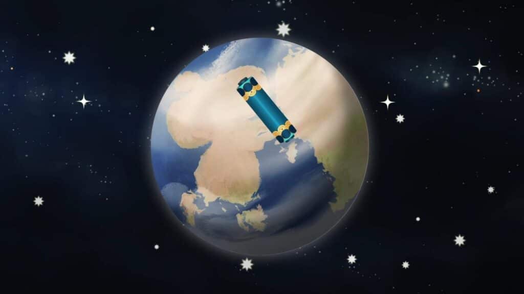 Illustration of Earth in space with a blue satellite orbiting above the planet’s surface, in a scene from the whimsical world of Once Upon A KATAMARI.