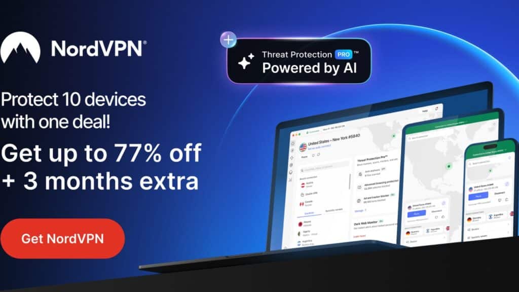 NordVPN deal for gamers showing up to 77% off and 3 months extra, protecting up to 10 devices with one plan.