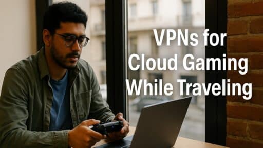 A gamer using a laptop for cloud gaming in an airport café with a travel backpack, coffee cup, and active VPN connection.