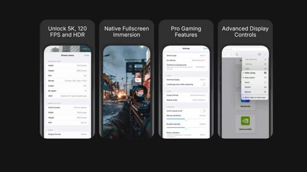 Four smartphone screens showing CloudGear iOS cloud gaming features: 5K 120 FPS, fullscreen, pro settings, and display controls.