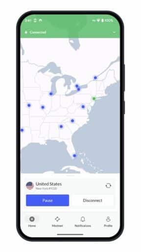 NordVPN mobile app connected to a U.S. server with secure status and active VPN session.