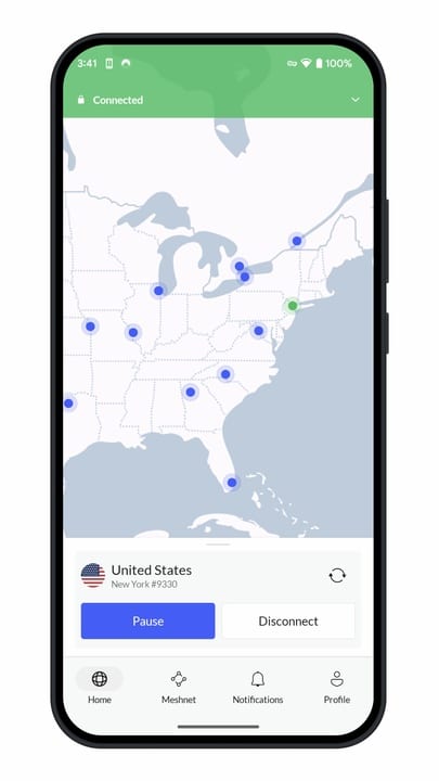 NordVPN mobile app connected to a U.S. server with secure status and active VPN session.