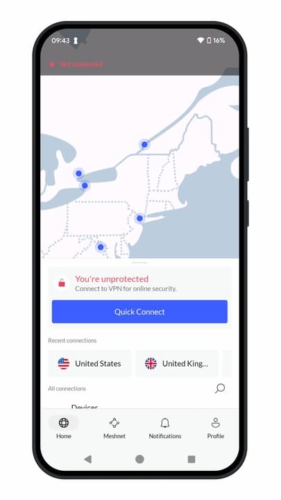 NordVPN mobile app showing “You’re unprotected” screen before connecting to a VPN.