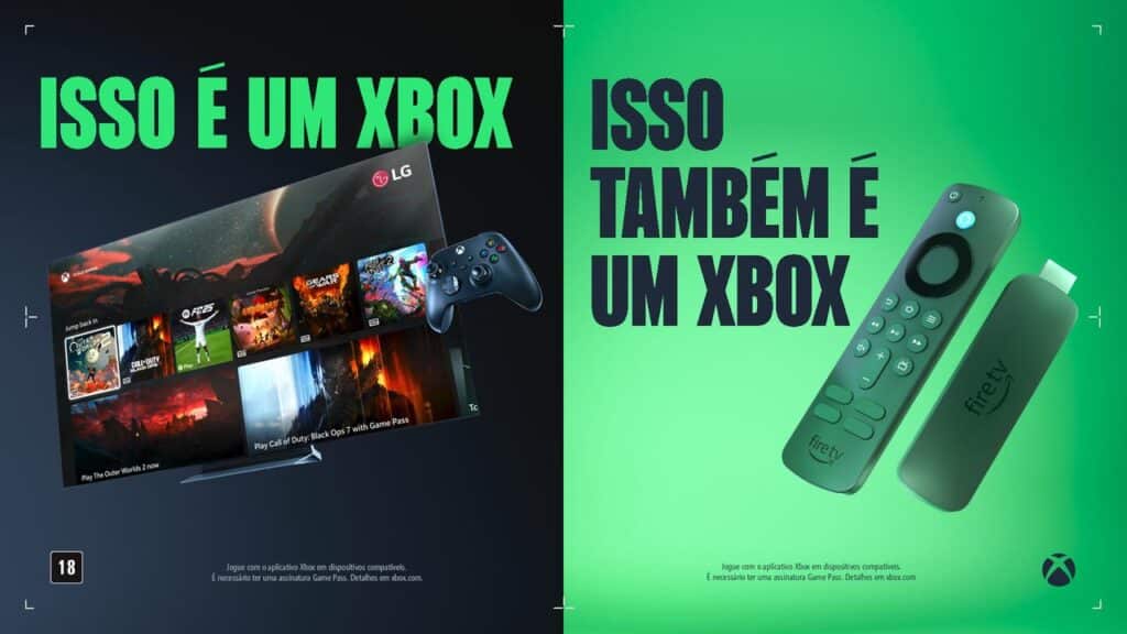 Two panels: left shows Xbox Cloud Gaming Brazil on an LG TV with a controller; right displays a Fire TV Stick and remote.
