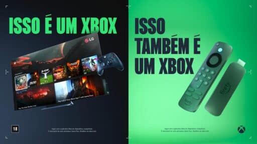 Two panels: left shows Xbox Cloud Gaming Brazil on an LG TV with a controller; right displays a Fire TV Stick and remote.
