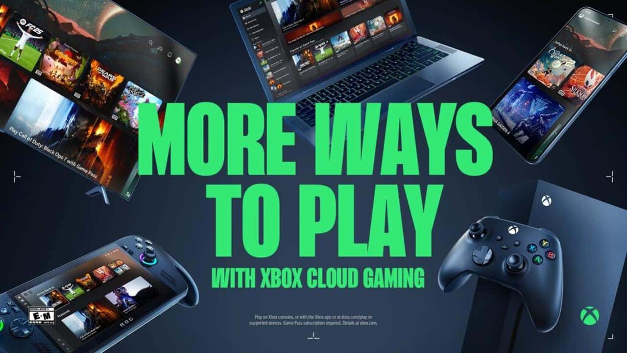 Green text "More Ways to Play" with images of gaming devices, a controller, and Xbox Cloud Gaming featured on screen.