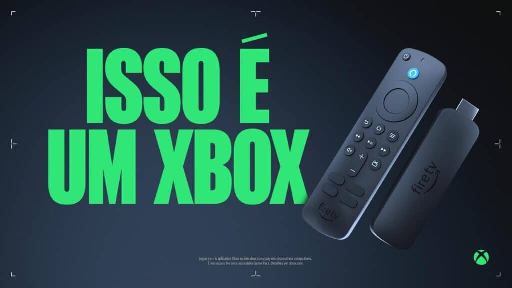 Fire TV Stick and remote beside large green text reading “ISSO É UM XBOX” on a dark background—highlighting Xbox Cloud Gaming Brazil on your LG TV and Fire TV.
