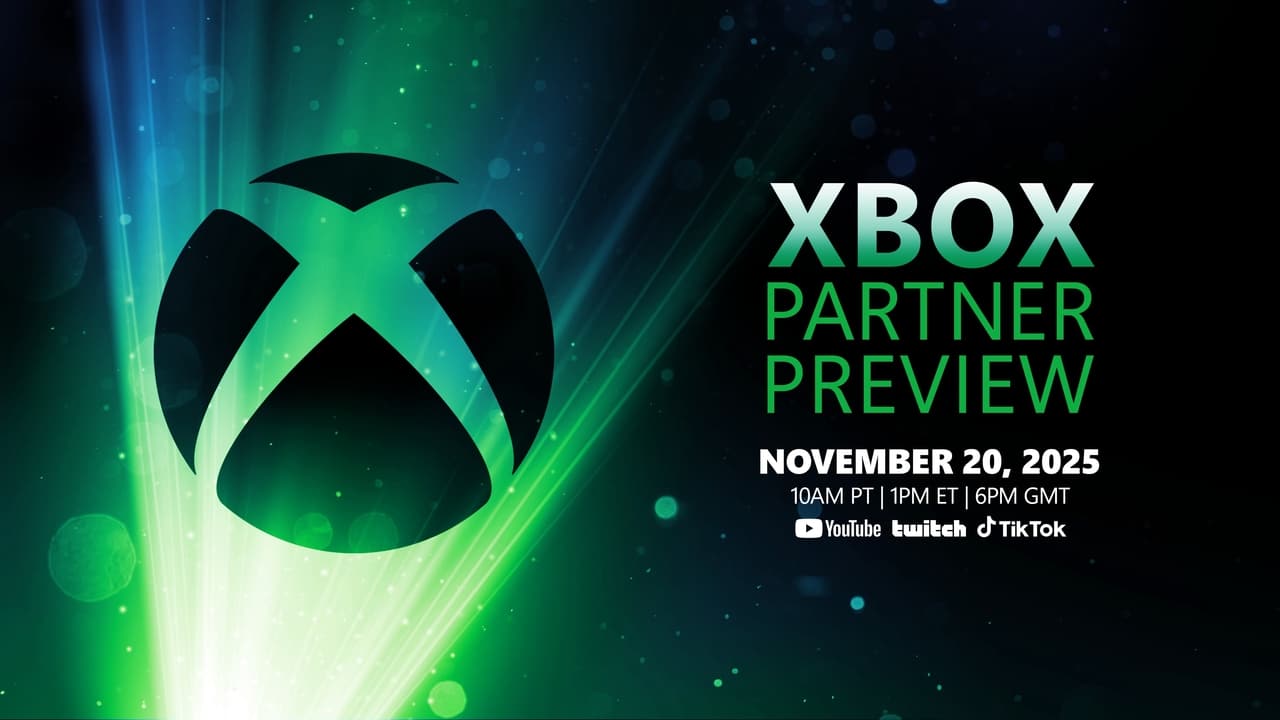 Get all the Xbox Partner Preview November 2025 event details, including date, time, and the iconic Xbox logo set against a green and black background.