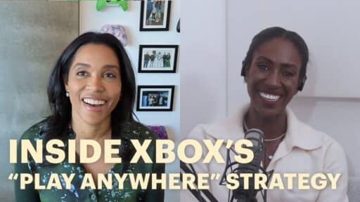 Xbox President Sarah Bond during an interview with Fortune Magazine, with text: "INSIDE XBOX'S 'PLAY ANYWHERE' STRATEGY—exploring the future of Xbox cloud and handheld gaming.
