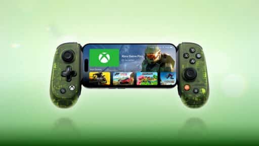 A mobile phone with the Backbone Pro Xbox Edition controller attached, displaying the Xbox Game Pass screen.