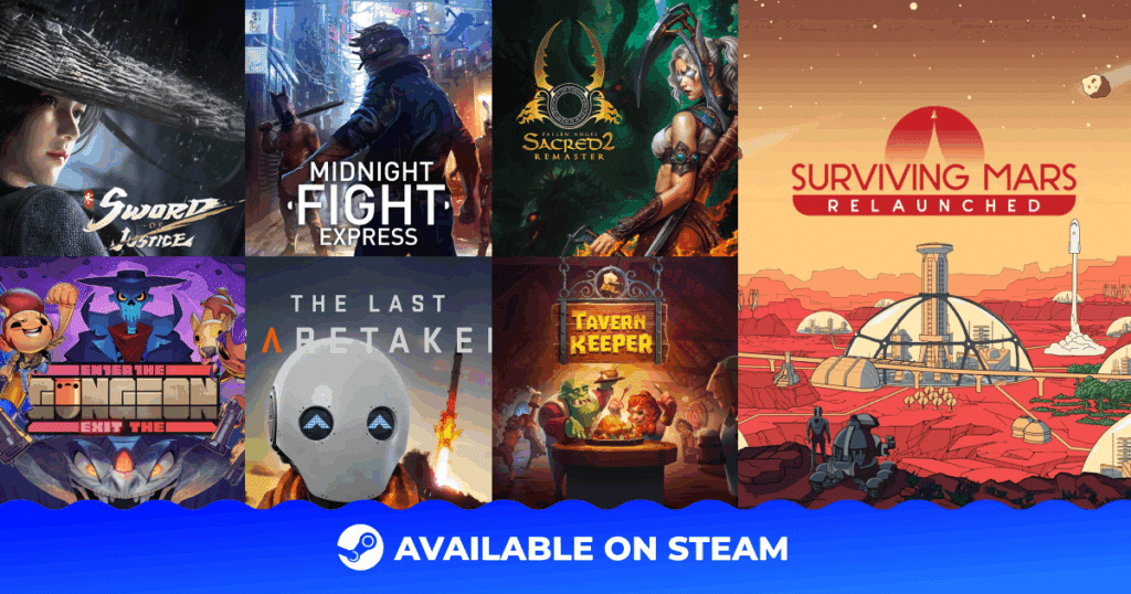 Collage of video game covers with "Available on Steam" text and Steam logo at the bottom.