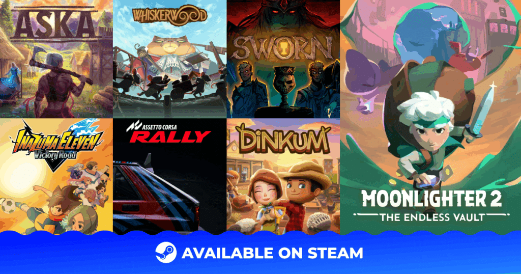 A collage of game covers with "Available on Steam" and the Steam logo at the bottom.