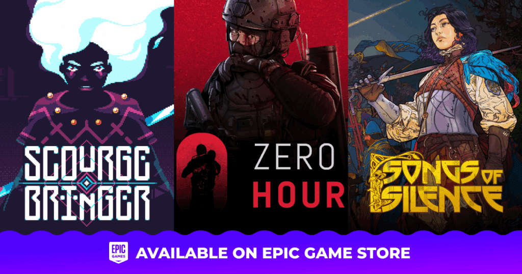 Three game covers: Scourge Bringer, Zero Hour, and Songs of Silence, available on Epic Game Store.