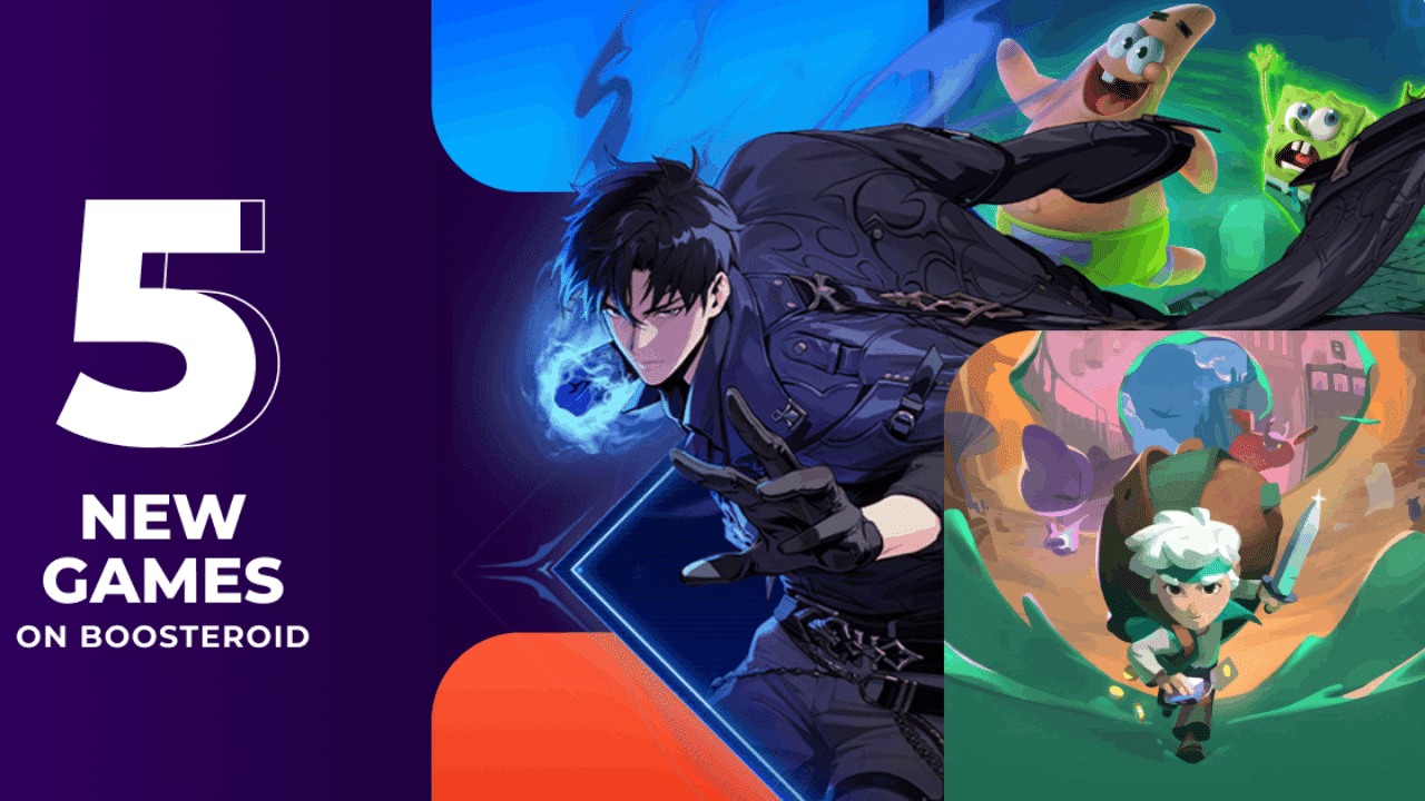 A promo graphic for 5 new games on Boosteroid, featuring colorful game characters and bold text.