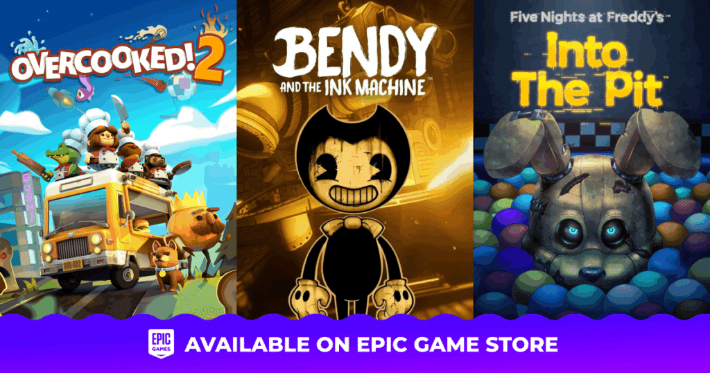 Game covers for Overcooked! 2, Bendy and the Ink Machine, and Into The Pit, available on Epic Game Store.